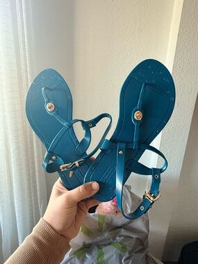 Coach Teal Jelly Sandals with Gold Hardware